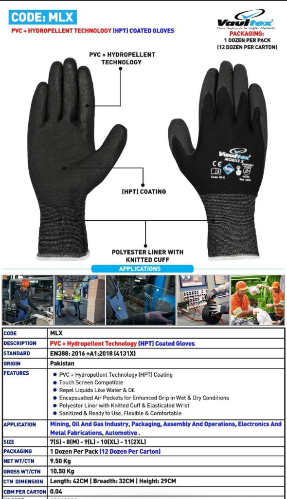 Vaultex MLX PVC + HPT Coated Safety Work Gloves – EN 388 | Water & Oil Repellent Industrial Glove