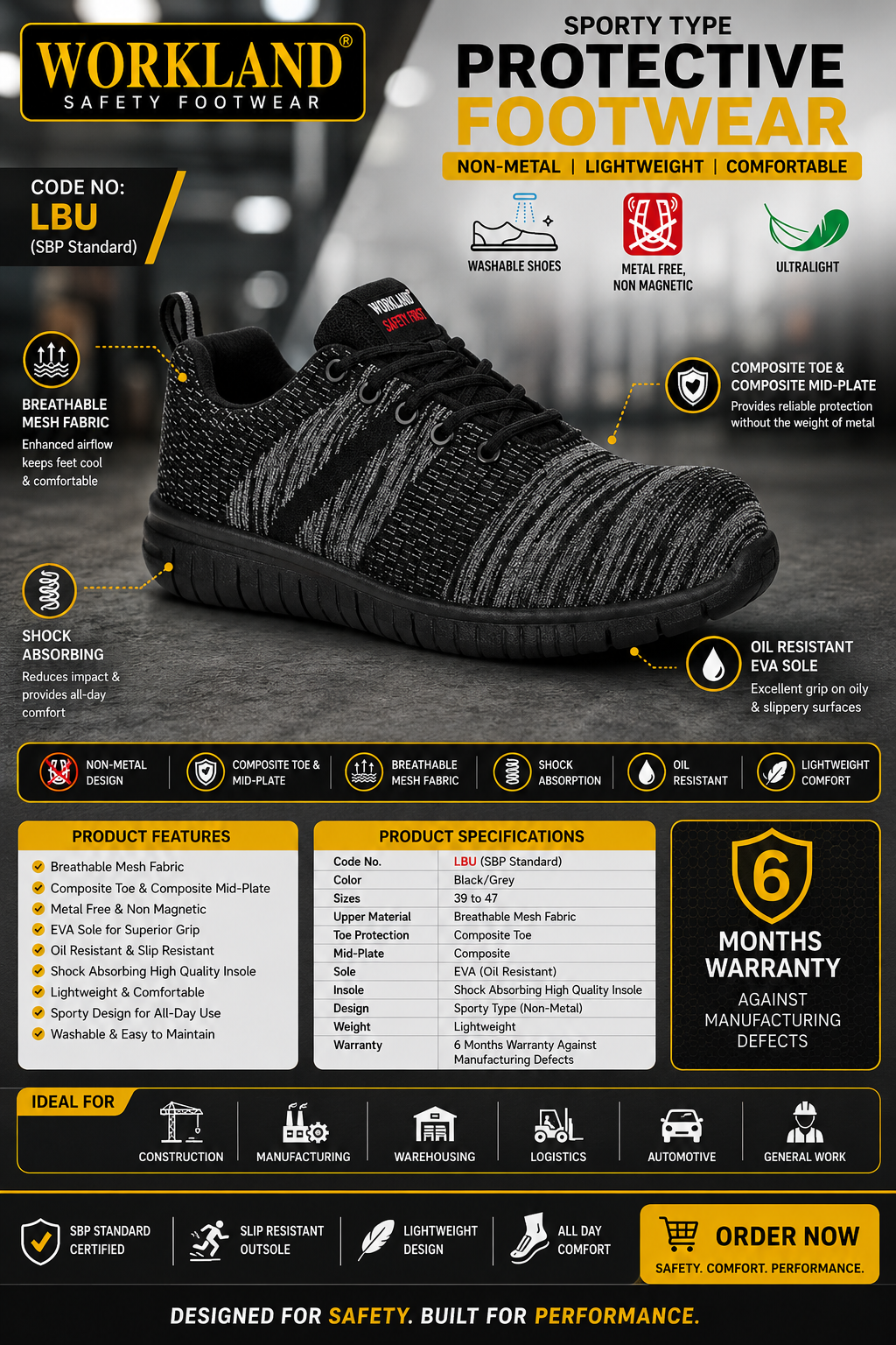 WORKLAND LBU Sporty Non-Metal Safety Shoes | Composite Toe & Mid-Plate | Lightweight Protective Footwear