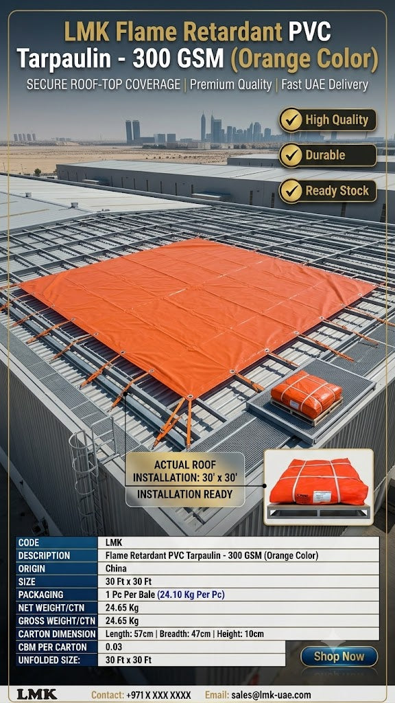 Flame Retardant PVC Tarpaulin 300 GSM – Orange  30 Ft × 30 Ft Heavy Duty Waterproof Tarpaulin