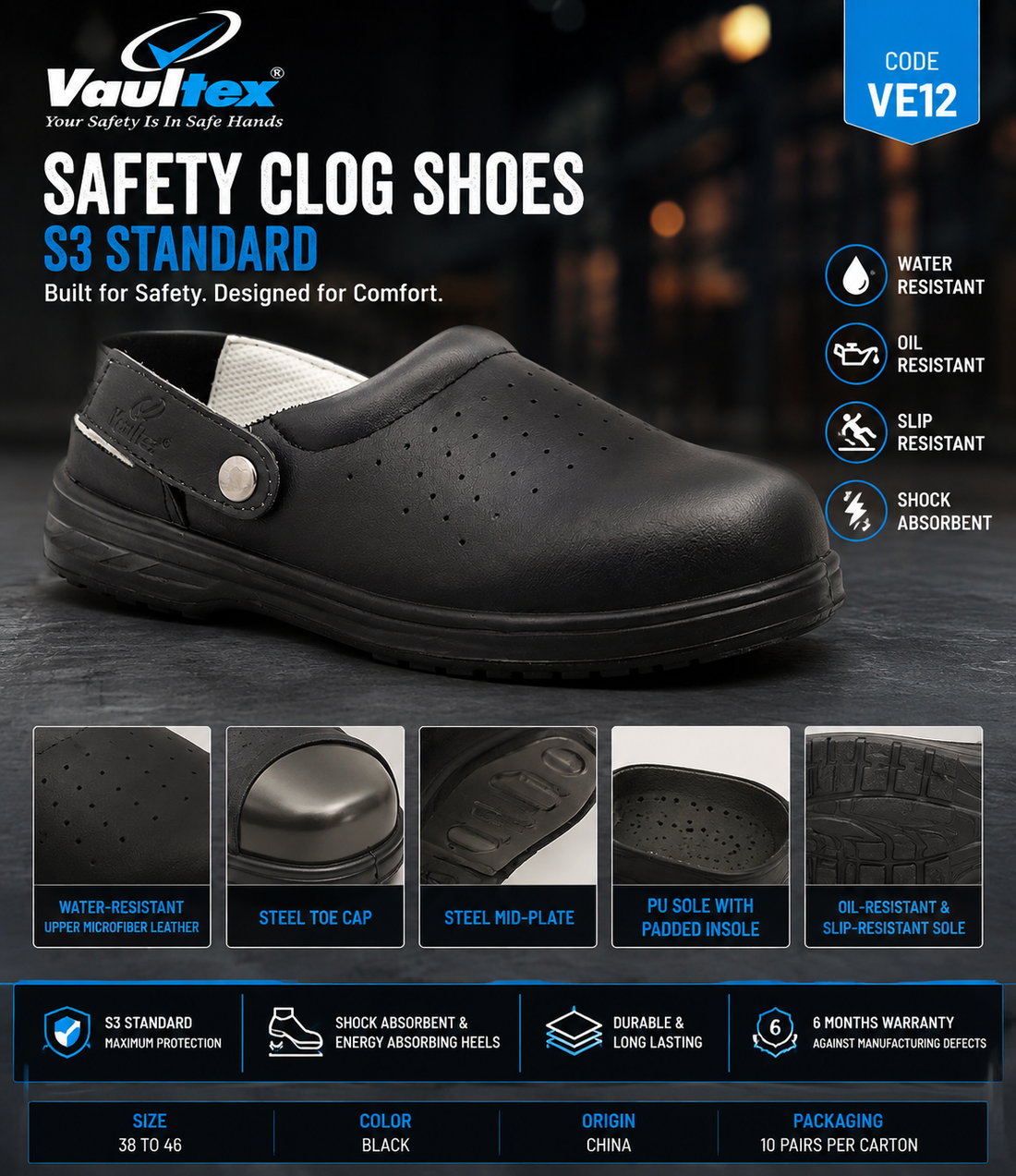 VAULTEX VE12 S1P Safety Clogs – Steel Toe, Steel Plate & Slip Resistant PU Sole