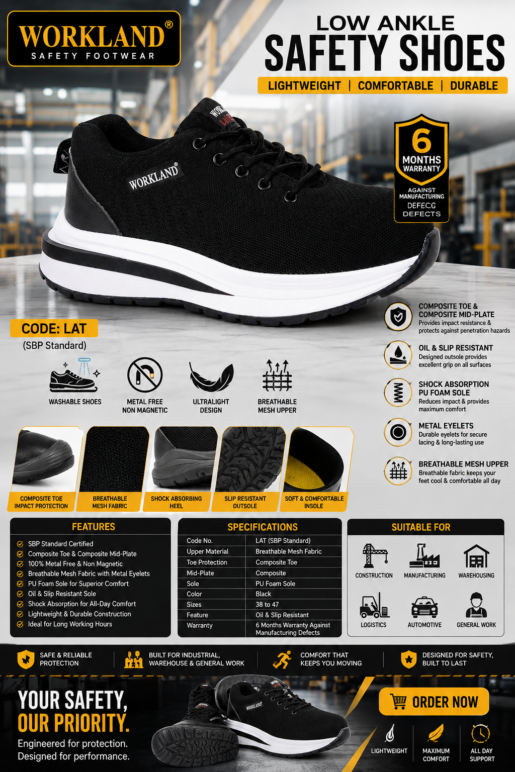 WORKLAND LAT Low Ankle Safety Shoes | SBP Standard | Composite Toe & Mid-Plate | Lightweight Metal-Free Protective Footwear