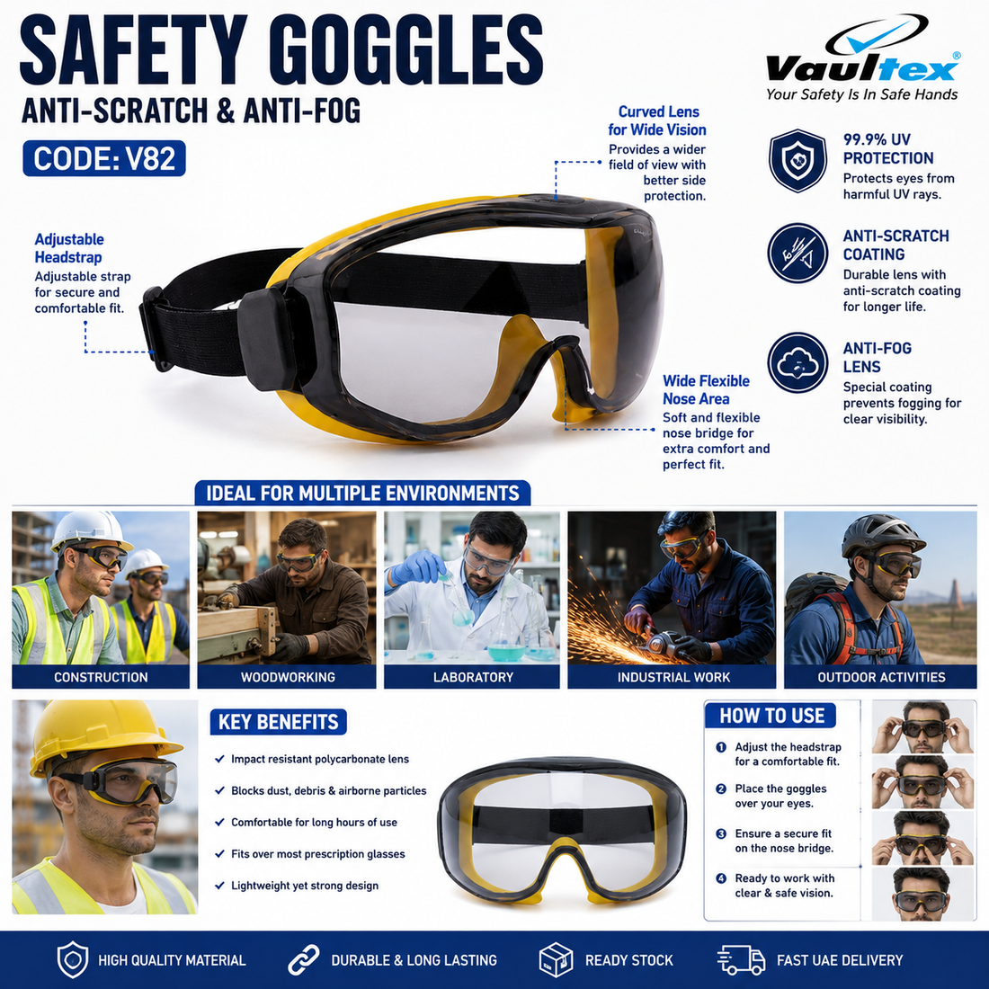 Vaultex V82 Safety Goggles  Anti-Scratch & Anti-Fog, EN166/ANSI Z87.1 Certified, 99.9% UV Protection, Clear & Dark