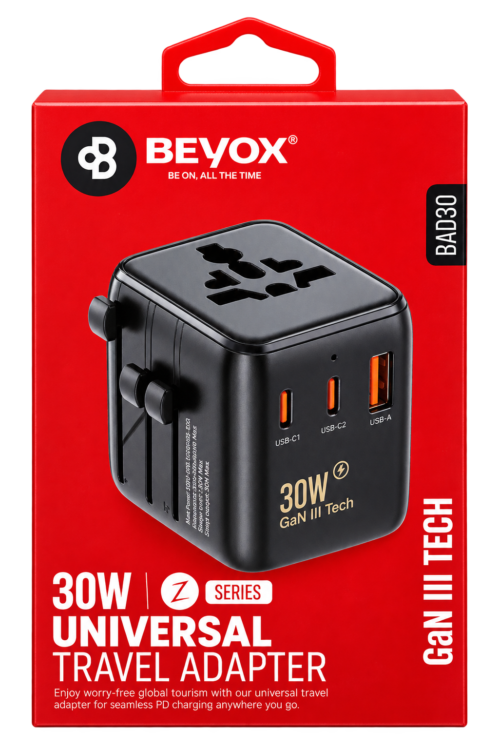 Universal Travel Adapter, 30W GaN III Fast Charging with 2 USB-C + 1 USB-A Port, International Wall Plug for UK, US, EU, AU, All-in-One Worldwide Power Adapter