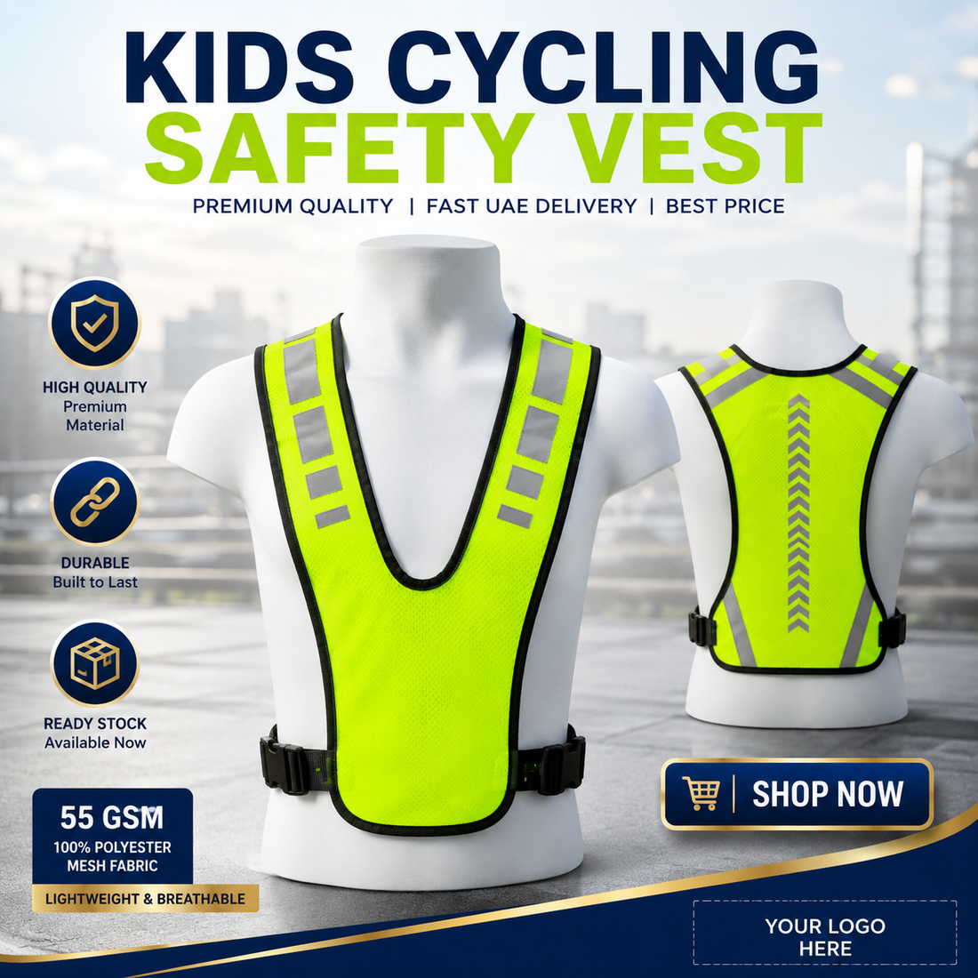 Vaultex NIB Kids Cycling Safety Vest  Reflective High Visibility Vest, 100% Polyester Mesh, Neon Green, Freesize
