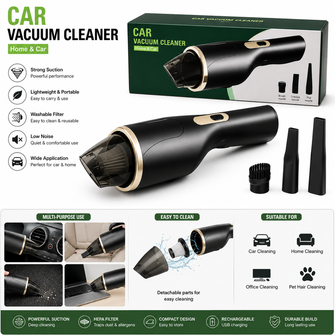 Portable Car Vacuum Cleaner Cordless Handheld Vacuum for Home & Car Powerful Wireless Mini Vacuum with 3 Nozzles