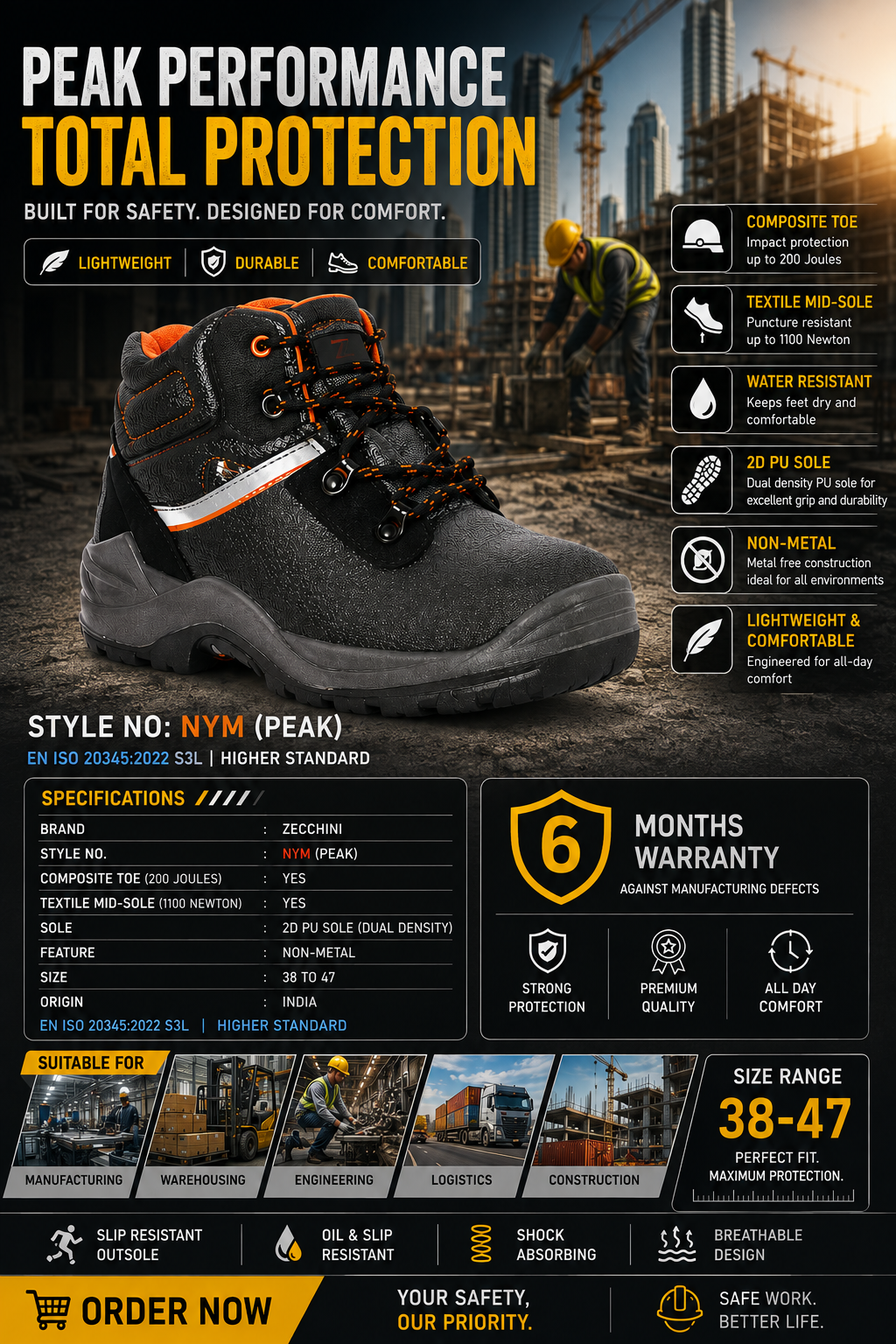 ZECCHINI NYM (PEAK) S3L Safety Boots – Composite Toe, Puncture-Resistant Midsole & Water Resistant