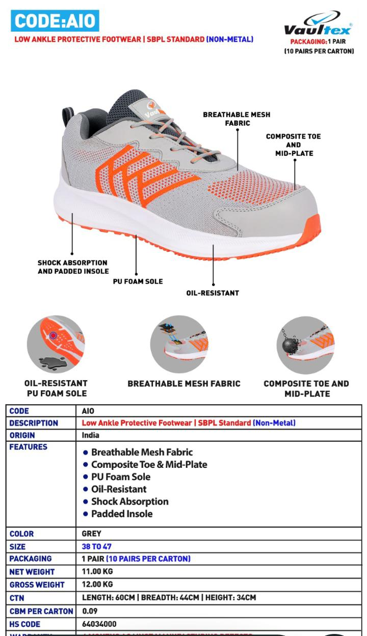 Vaultex AIO Low Ankle Safety Shoes – Composite Toe, SBPL Non-Metal Sports Sneaker, Grey