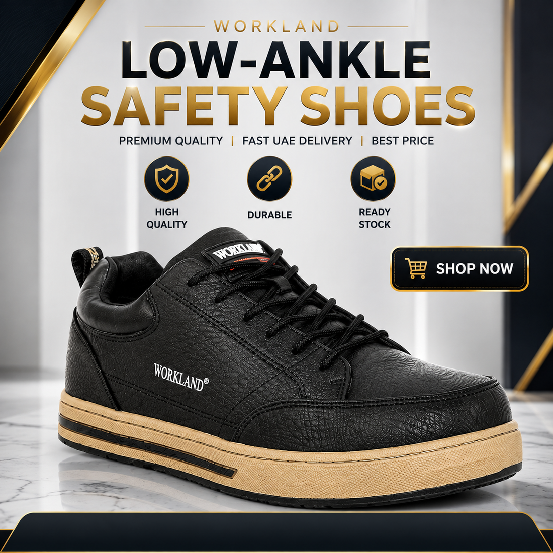 Workland MGK Executive Safety Shoes – Steel Toe, Kevlar Mid-Plate, Anti-Slip Black Sneaker