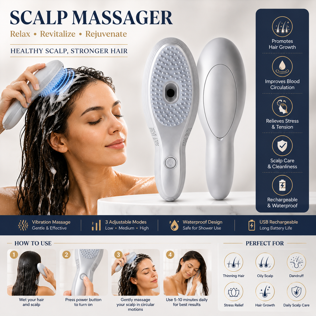 Waterproof Vibrating Scalp Massager  Rechargeable Shampoo Brush for Hair Growth & Dandruff Control Shower Scalp Scrubber