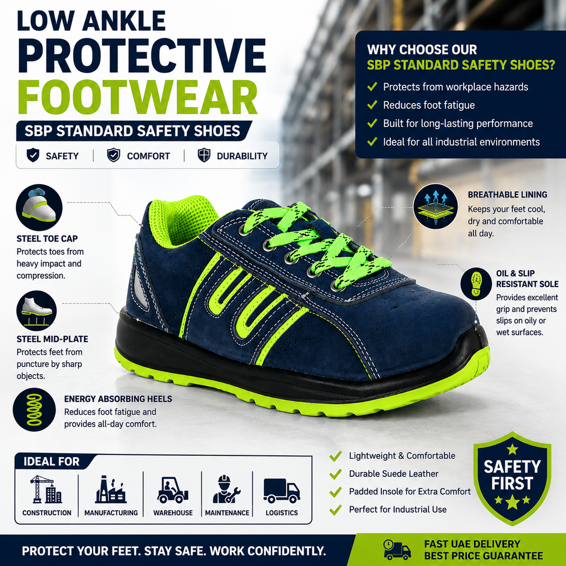 Armstrong UFS Low Ankle Protective Safety Shoes – Steel Toe, Blue/Green Suede, SBP Standard