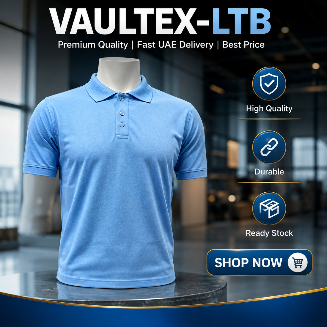 Vaultex LTB Polo T-Shirt  50% Cotton 50% Polyester, 220 GSM, Ribbed Collar & Cuffs, Light Blue
