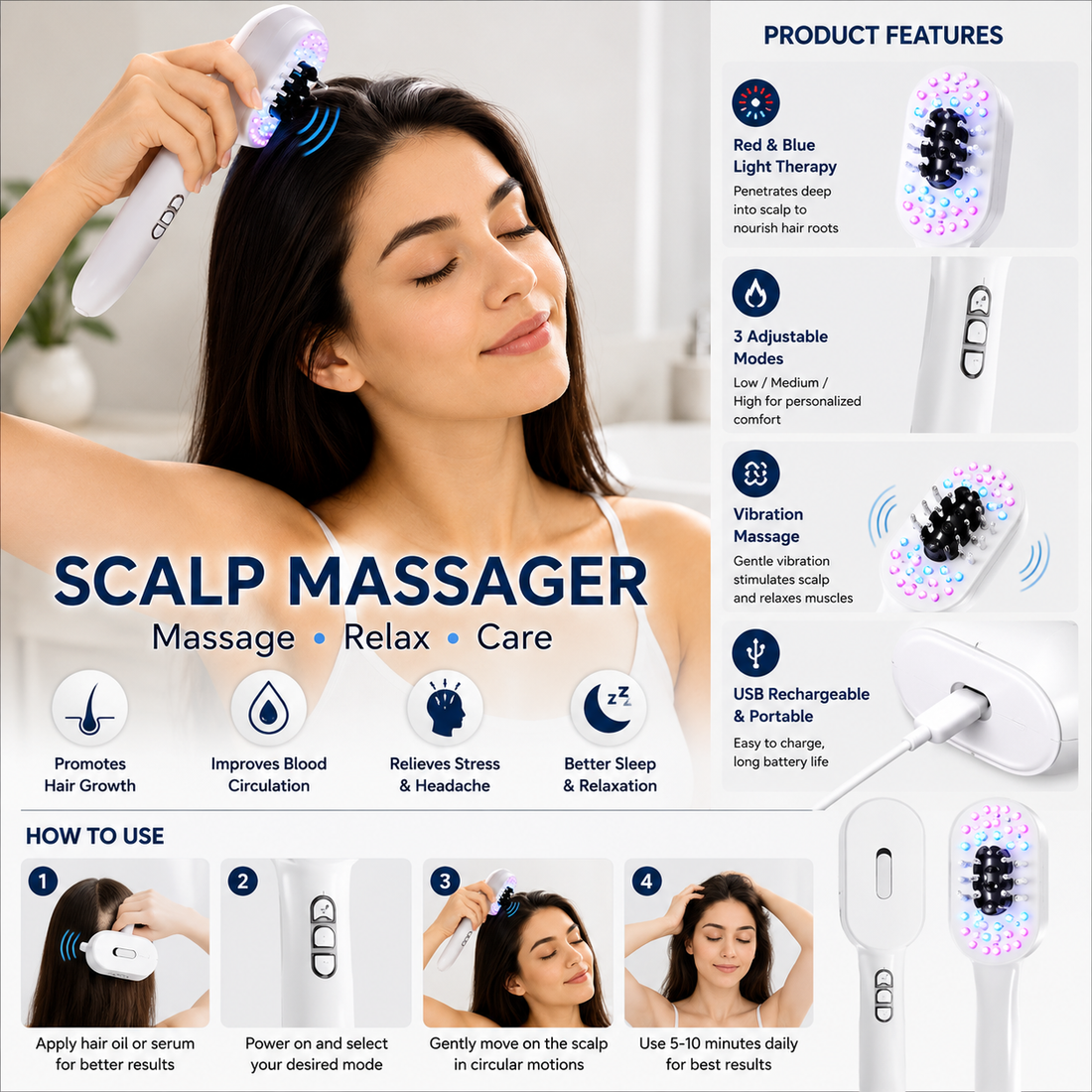 Vibrating Scalp Massager Brush  Electric Hair Care Massage Comb with Vibration Therapy  Relax & Care
