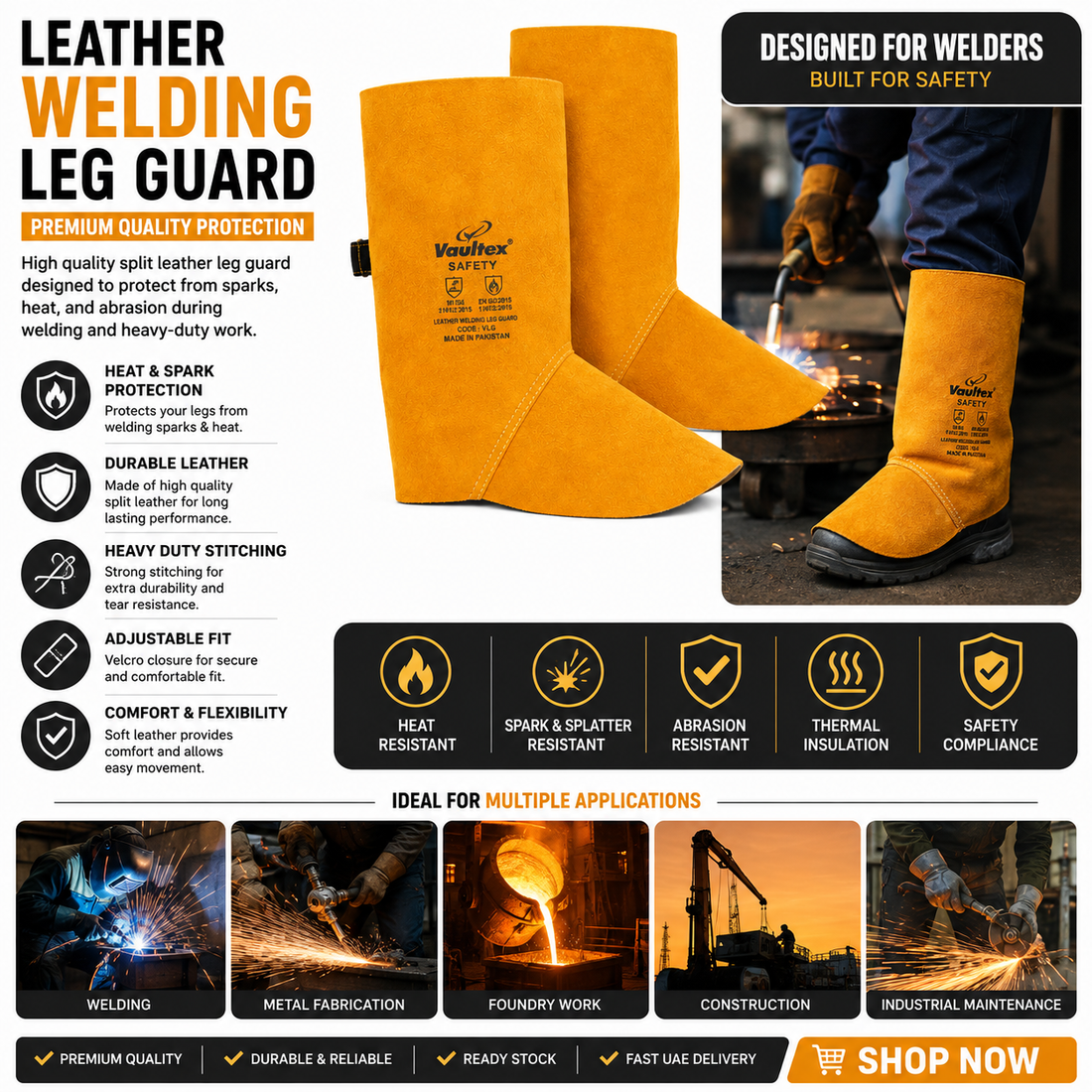 Vaultex VLG Leather Welding Leg Guards Split Leather Spark & Heat Resistant Gaiters, Adjustable Velcro,