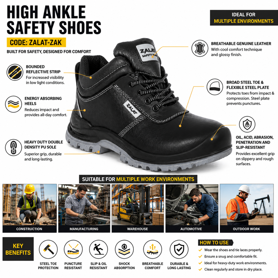 High Ankle Safety Shoes Genuine Leather Steel Toe Work Boots, Oil & Acid Resistant, Reflective Strip