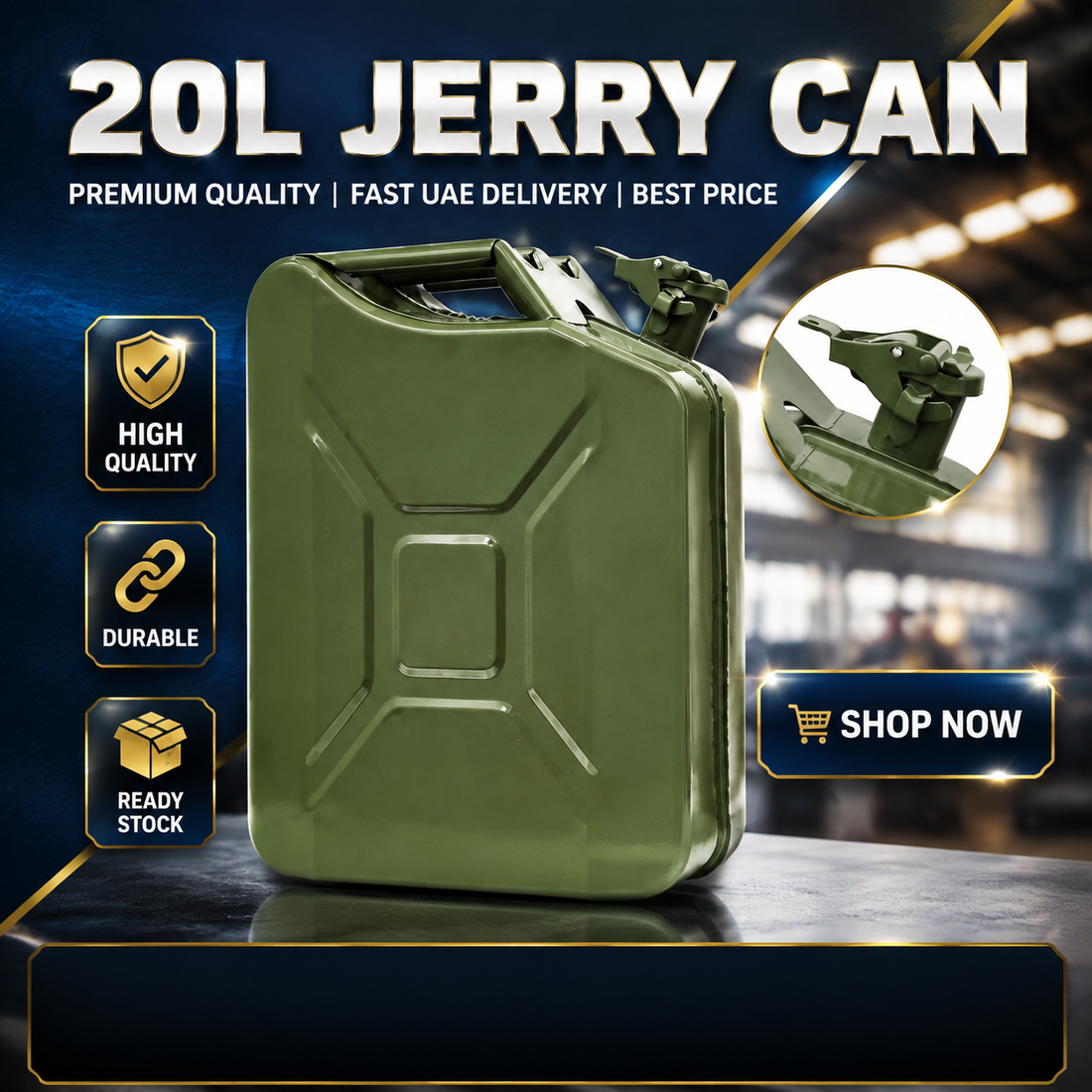 American Style Metal Jerry Can – 20 Litres | Army Green | 0.8mm Thickness
