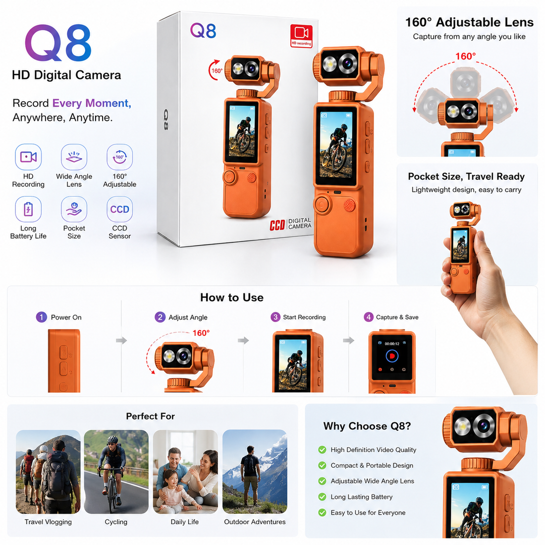 Q8 HD Digital Camera 160° Adjustable Wide Angle Pocket Camera  CCD Sensor Vlogging Camera with Long Battery Life