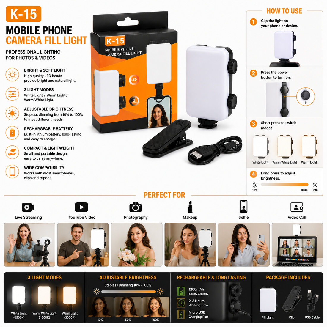 K-15 LED Mobile Phone Camera Fill Light  3-Mode Clip-On Selfie Light  Rechargeable Portable Video Light