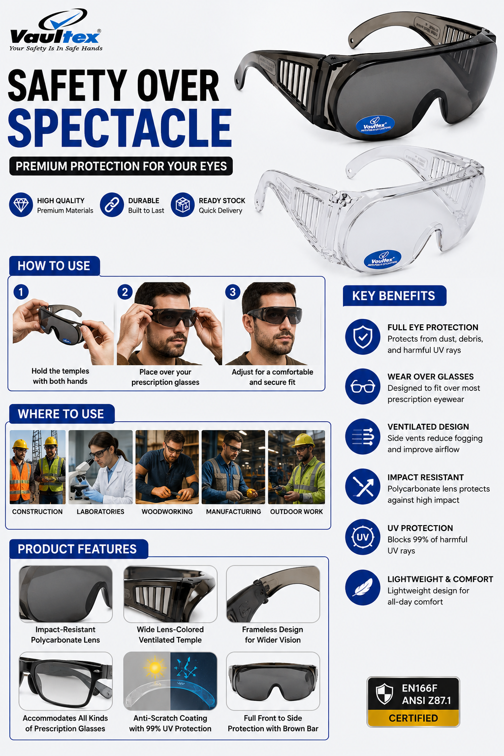 Vaultex V30 Safety Over Spectacles | EN166F/ANSI Z87.1 Certified, Anti-Scratch UV Protection, Fits Over Prescription Glasses, Clear & Dark
