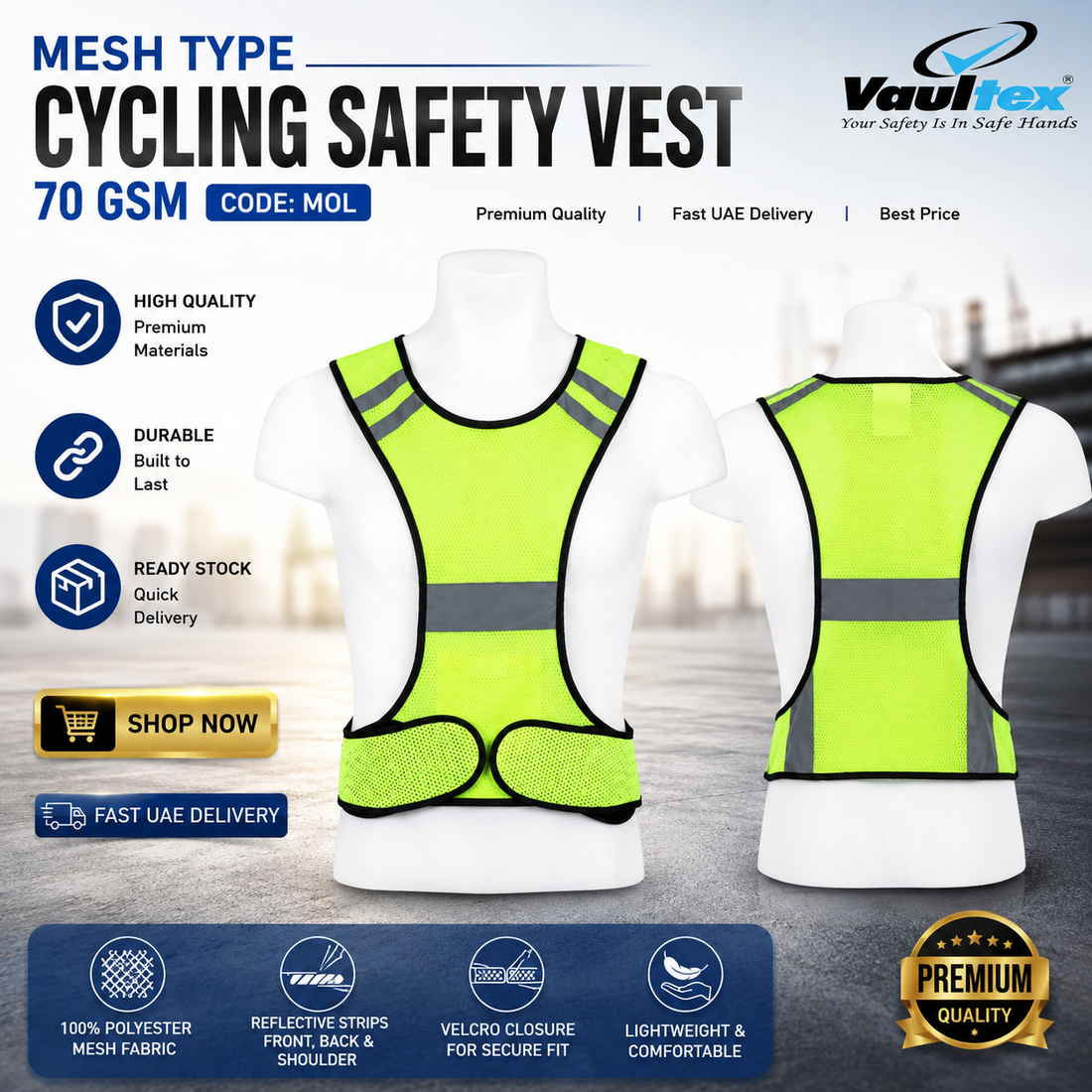 Vaultex MOL Mesh Cycling Safety Vest  Reflective High Visibility Vest, 100% Polyester Mesh, 70 GSM, Neon Green, Freesize