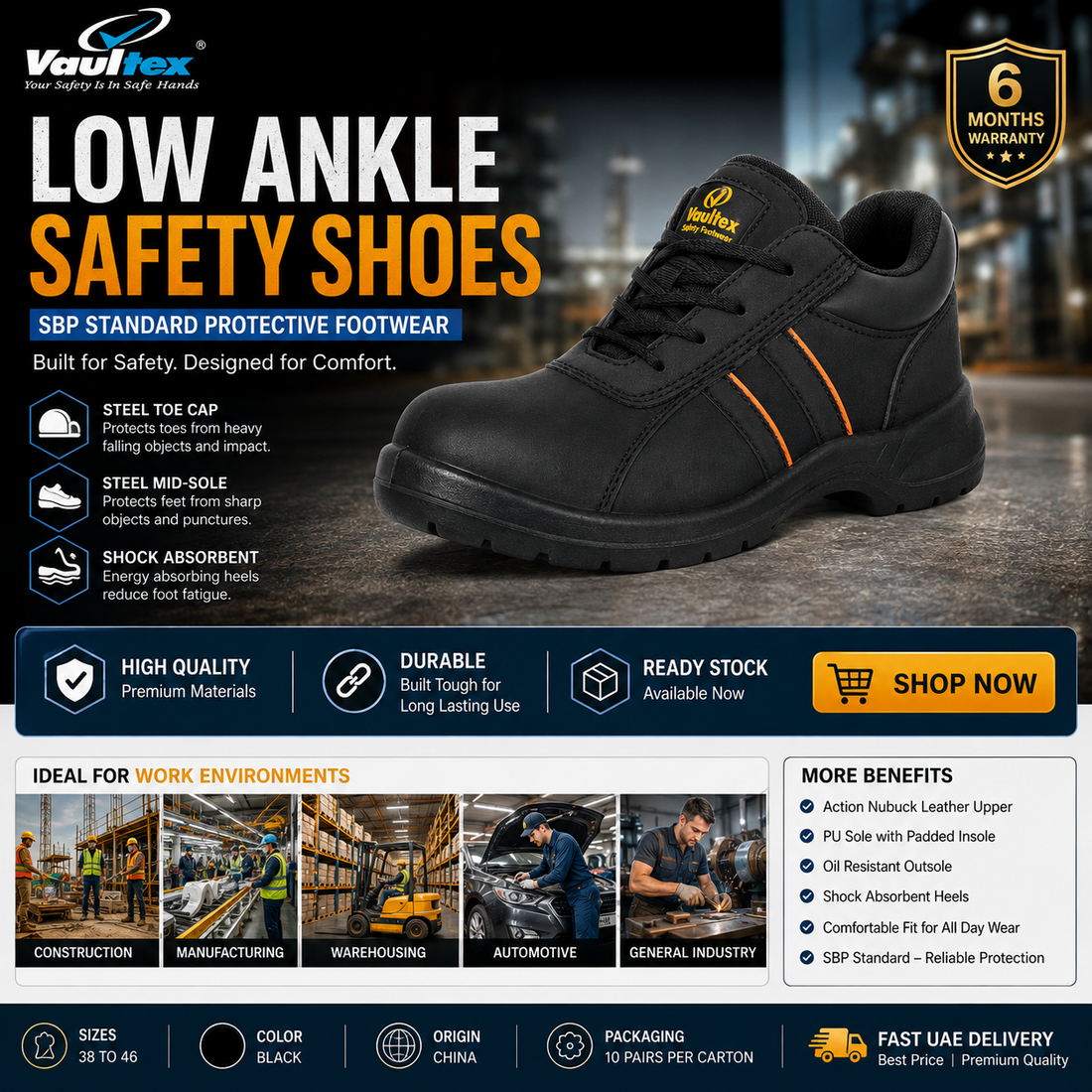 Vaultex MLL Low Ankle Steel Toe Safety Shoes | Nubuck Leather Work Boots, Oil Resistant, Steel Mid-Sole,