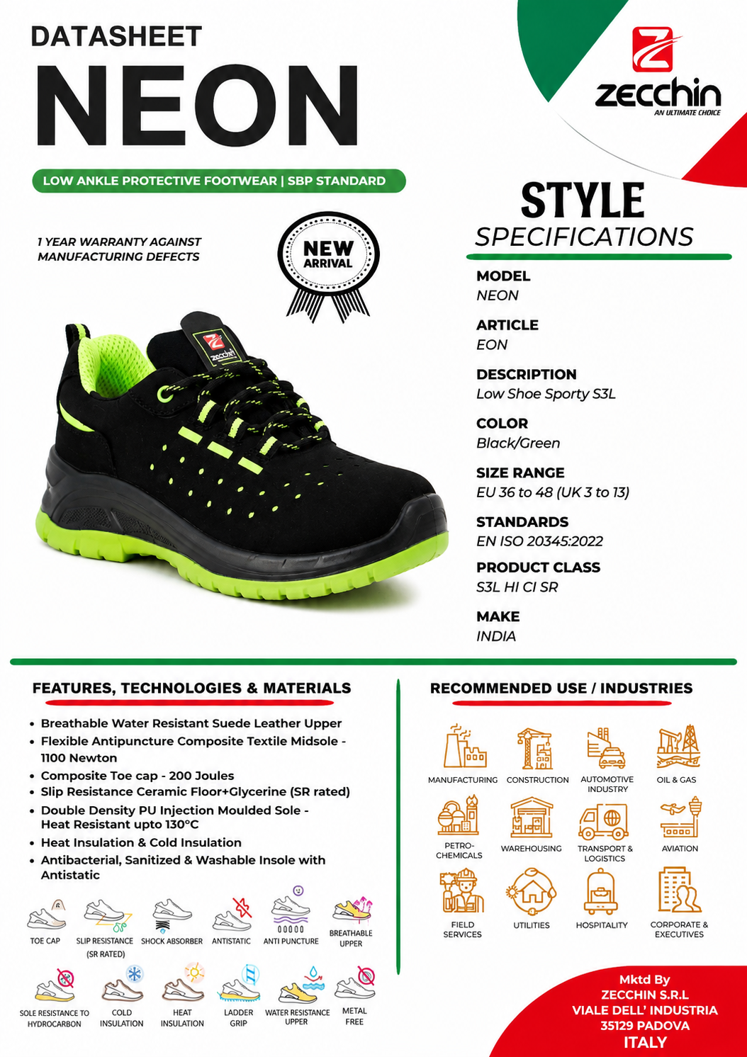 Zecchin Neon Sporty Low Safety Shoes S3L  Composite Toe Cap, Suede Leather, EN ISO 20345:2022, Black/Green,