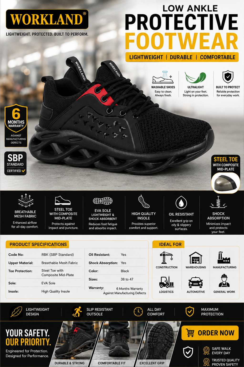 WORKLAND Low-Ankle Safety Shoes – Lightweight Steel Toe Protective Footwear