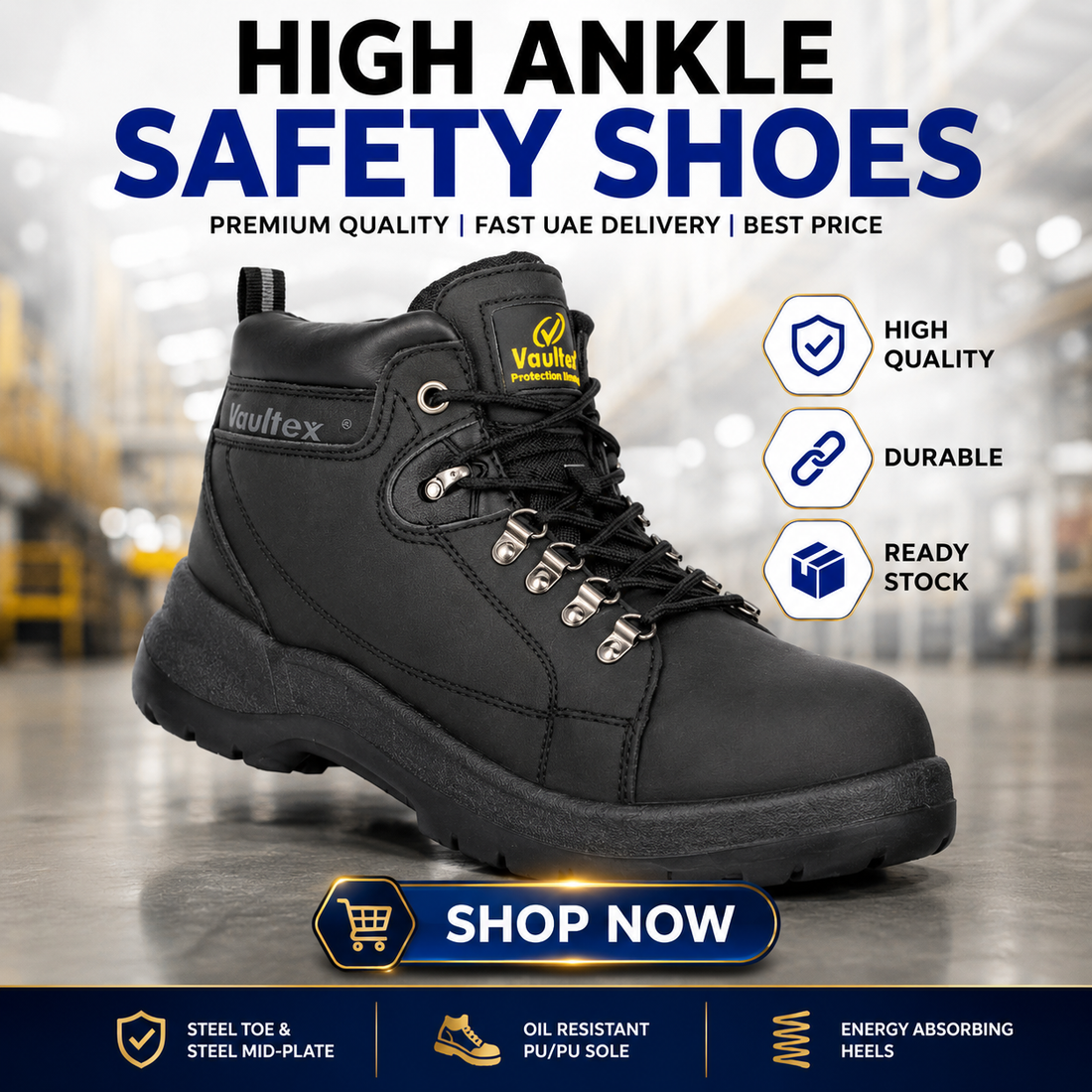 Vaultex MHL High Ankle Steel Toe Safety Boots  Action Leather Rigger-Style Work Boots, Oil Resistant PU Sole, Black,