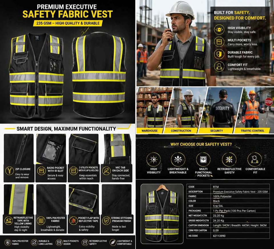 High Visibility Safety Vest 235 GSM Reflective Work Vest Multi-Pocket Industrial Safety Jacket