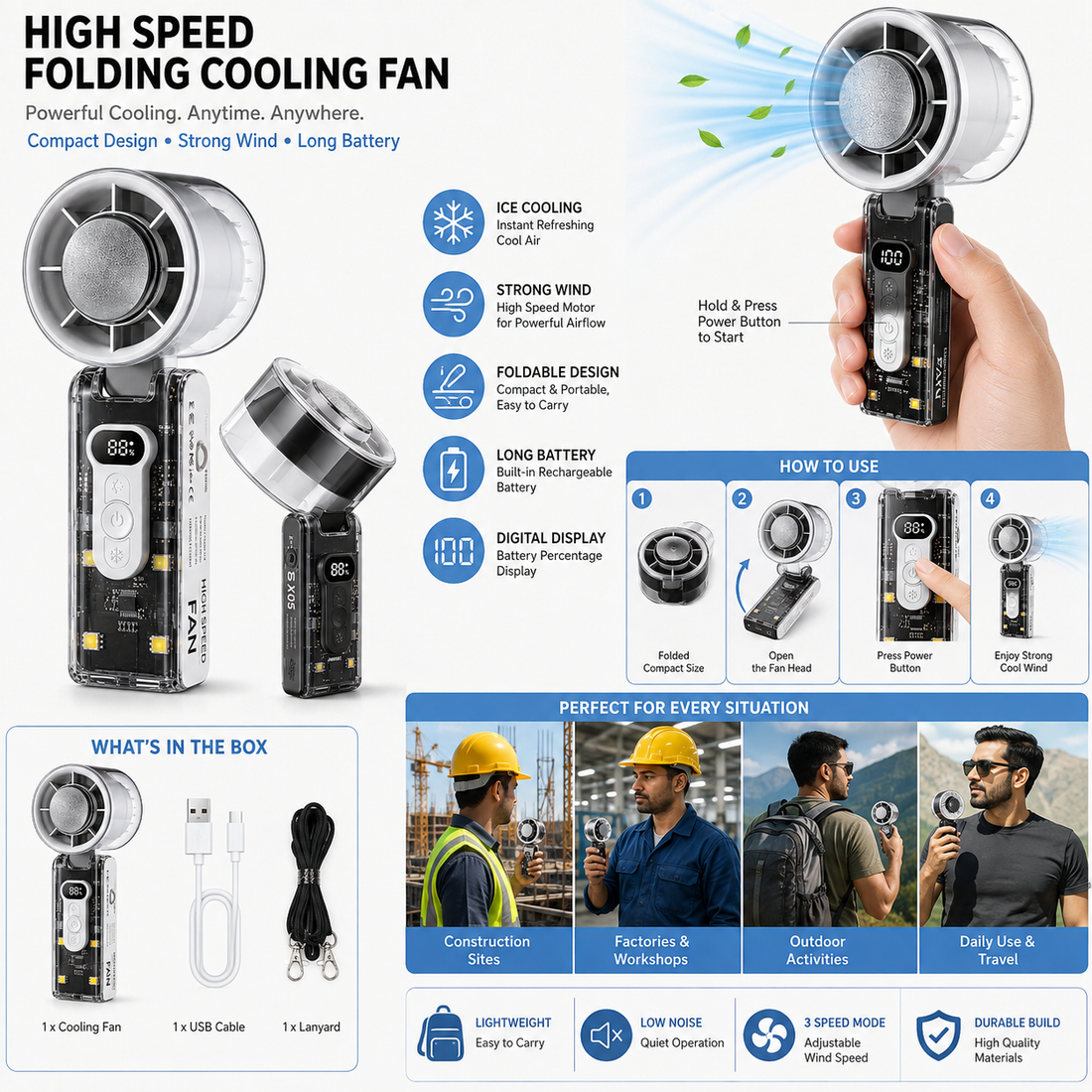 High Speed Folding Cooling Fan | Portable Rechargeable Handheld Fan with LED Display | USB-C Mini Fan