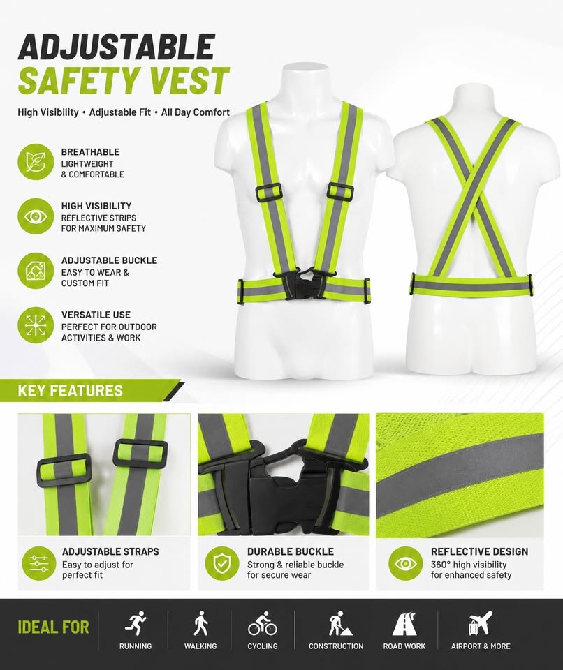 High Visibility Adjustable Reflective Safety Vest ⚡ Running, Cycling & Night Safety Gear
