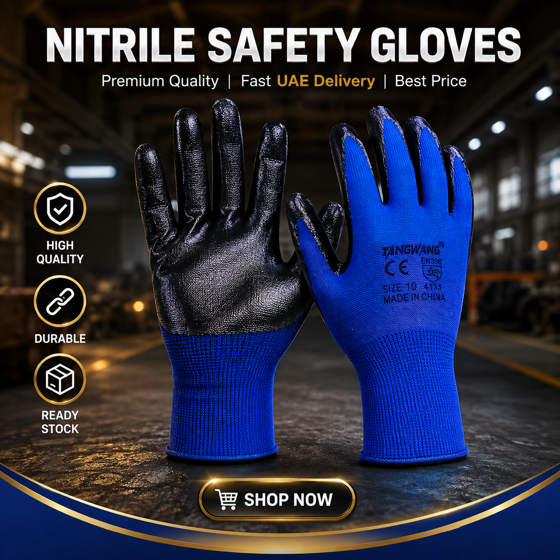 YANGWANG Nitrile Coated Safety Work Gloves  EN388 4131 CE Certified Cut & Abrasion Resistant Industrial Gloves Size 10 Blue
