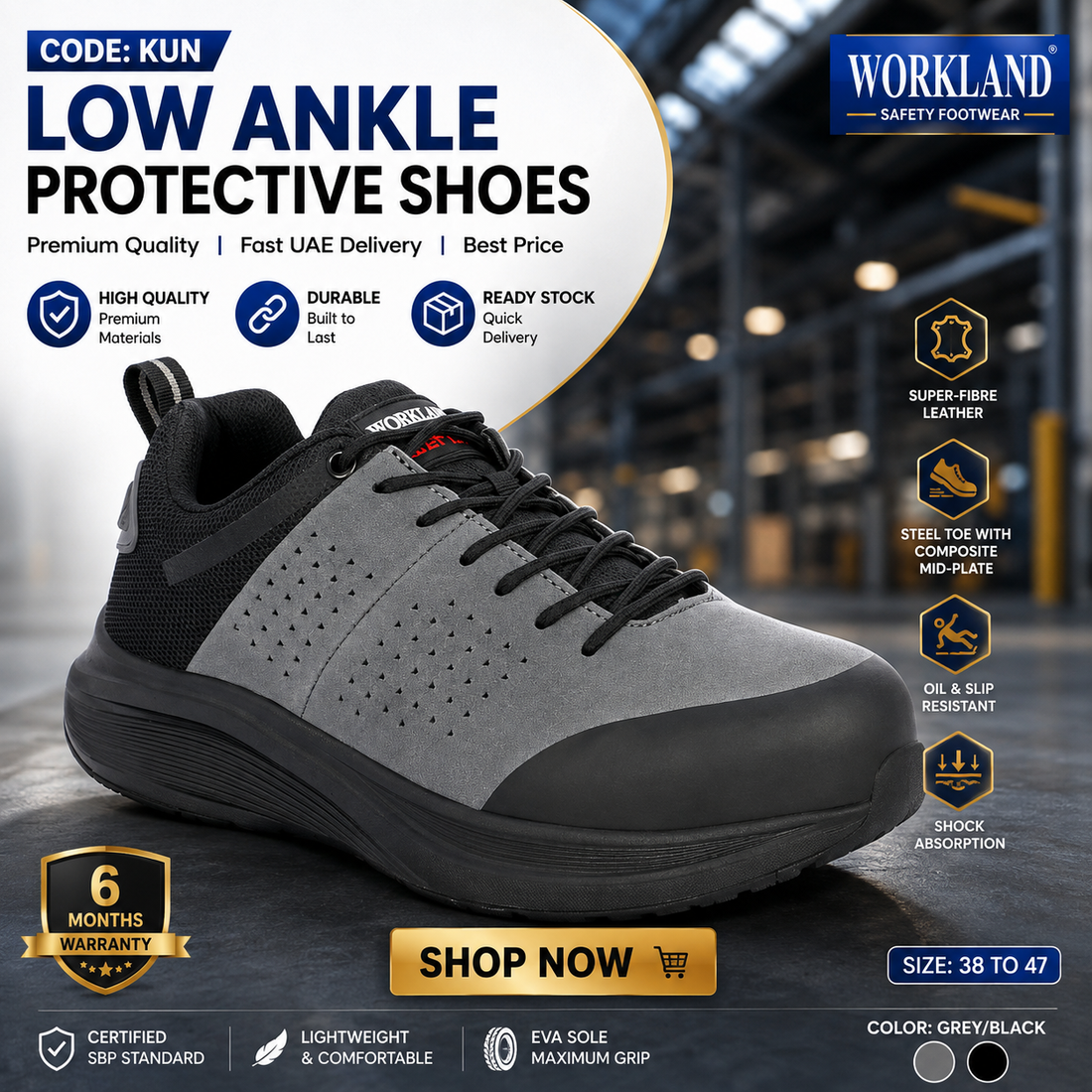 Workland KUN Low Ankle Steel Toe Safety Shoes  Super-Fibre Leather Sneaker Style, Composite Mid-Plate, Grey/Black,