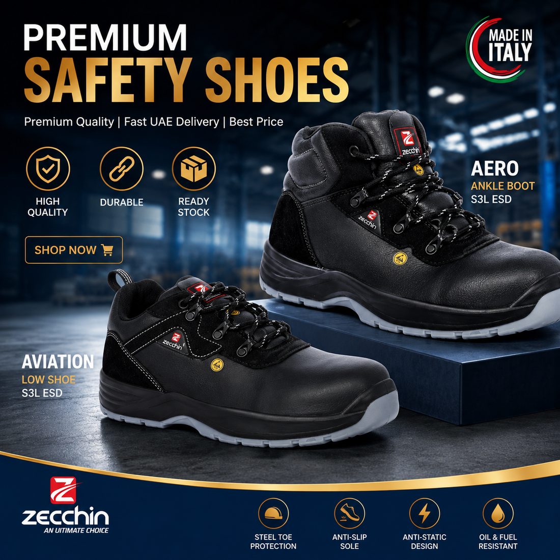 Zecchin Safety Shoes AERO & AVIATION S3L ESD – Made in Italy  EN ISO 20345:2022  Black Safety Work Shoes