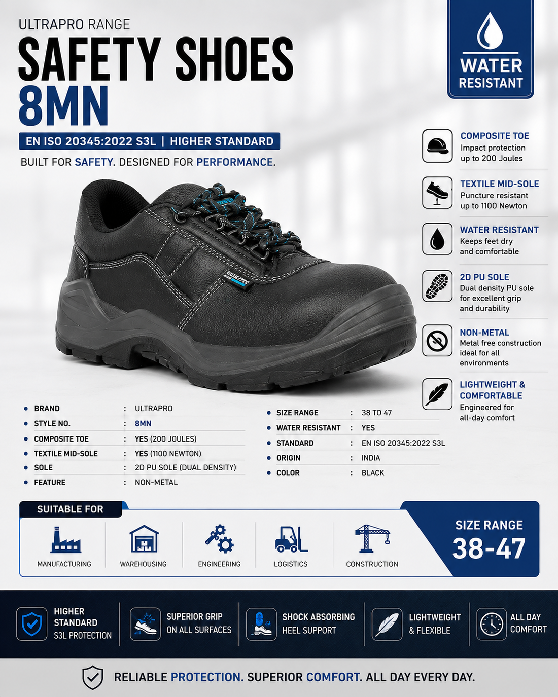 VAULTEX ULTRAPRO 8MN S3L Safety Shoes – Composite Toe, Puncture-Resistant Textile Midsole & Water Resistant