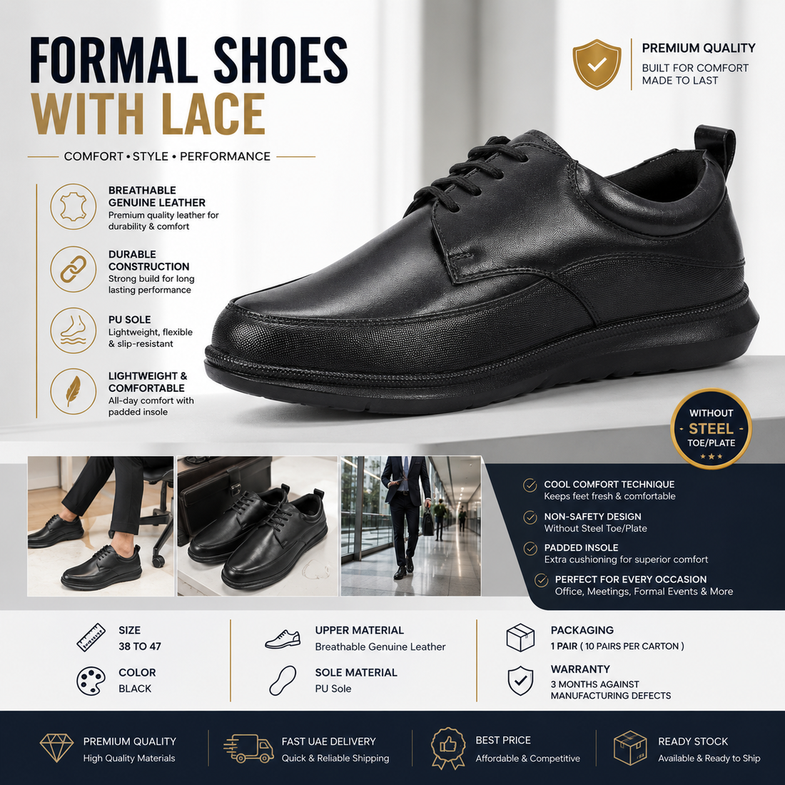Men's Genuine Leather Formal Lace-Up Shoes  Breathable Cool Comfort Derby Shoes with Cushioned PU Sole & Padded Insole