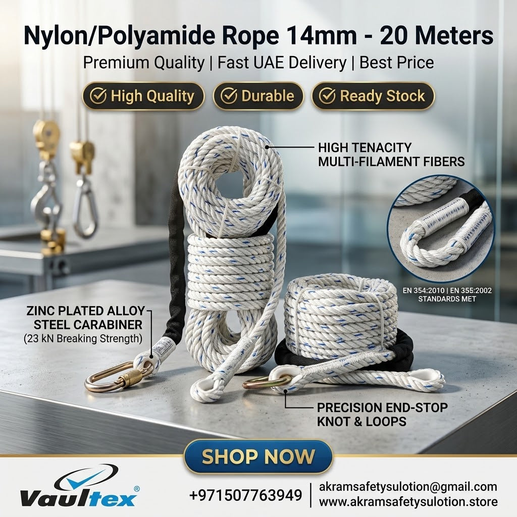 Vaultex 14mm Nylon Safety Rope (20M) with Carabiner – Heavy Duty Industrial Fall Protection & Towing Harness Rope (EN 354 / EN 355 Certified)