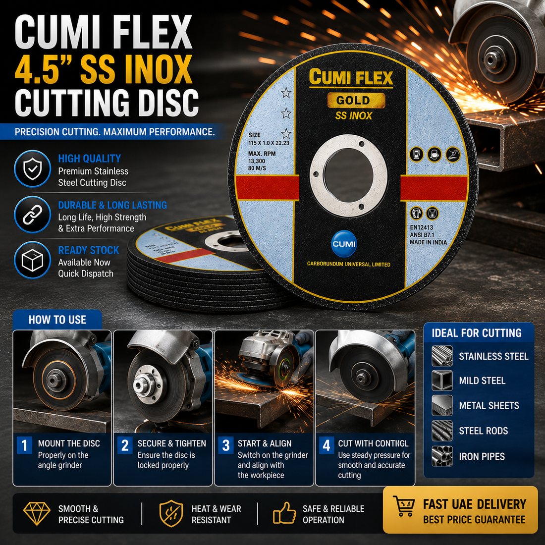Cumi Flex 4.5" SS Inox Cutting Disc  EN12413/ANSI B7.1 Certified, 115x1.0x22.23mm, High-Speed Stainless Steel Cutting Wheel