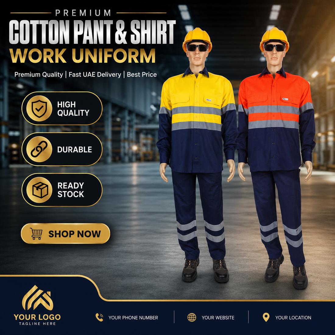 Vaultex Premium 100% Cotton Reflective Work Uniform – Safety Shirt & Pants | 170/200 GSM | Navy/Orange & Navy/Yellow