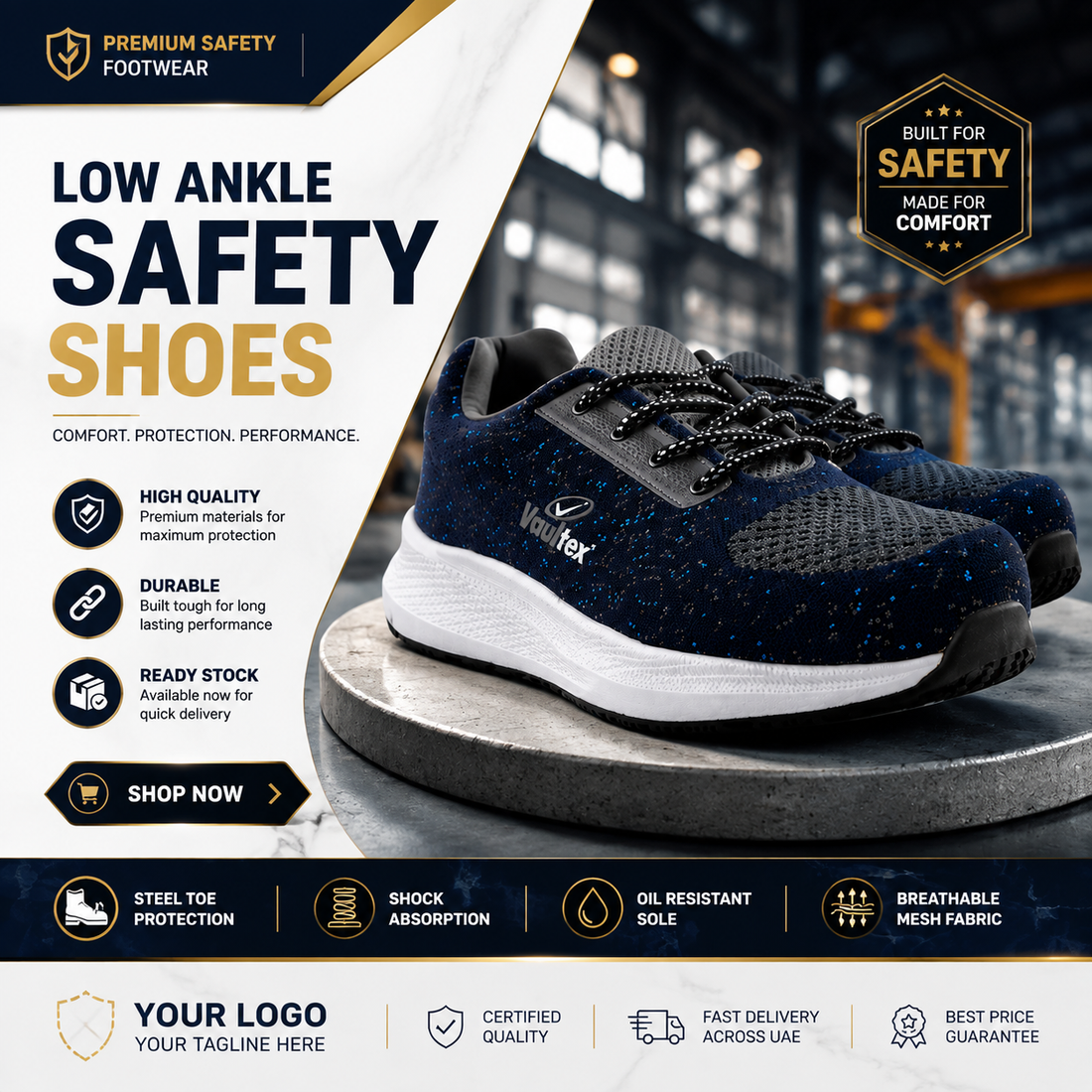 Vaultex CFR Low Ankle Steel Toe Safety Shoes with Kevlar Plate – Navy Blue/Grey