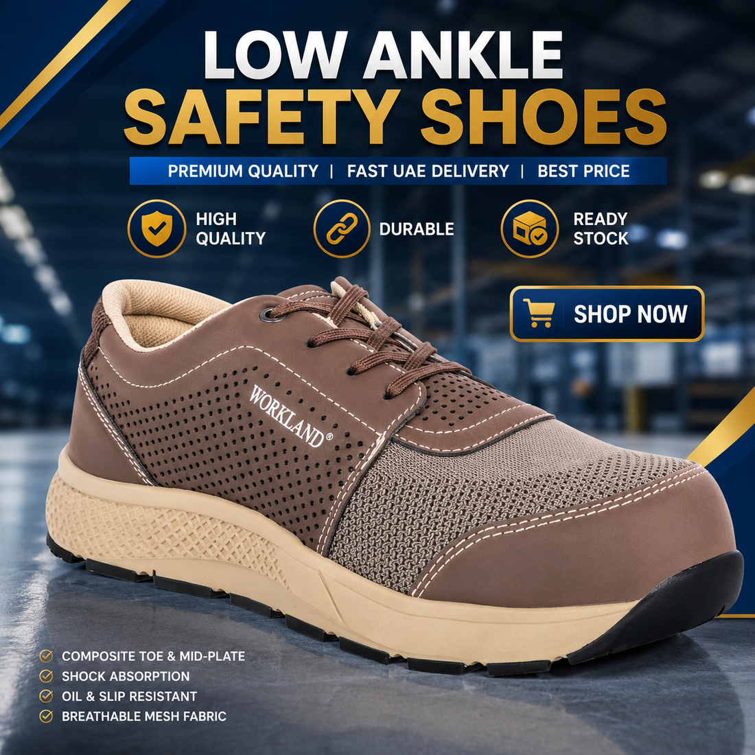 Workland VBA Low Ankle Safety Shoes – Composite Toe, Breathable Mesh, Brown Sneaker