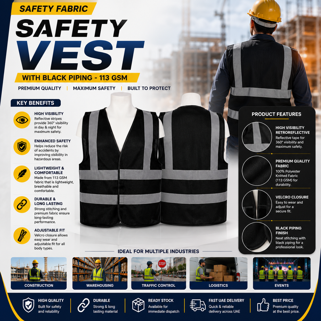 Vaultex, 100% Polyester Safety Vest Fabric Type, Black Color