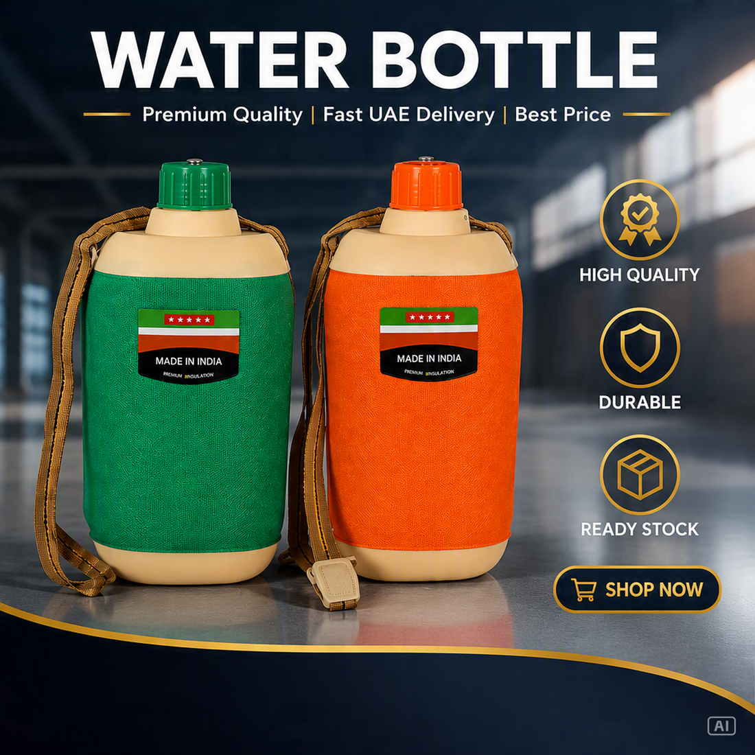 Insulated Water Bottle 1050ML – Leak-Resistant Travel Bottle with Carry Strap | Green & Orange