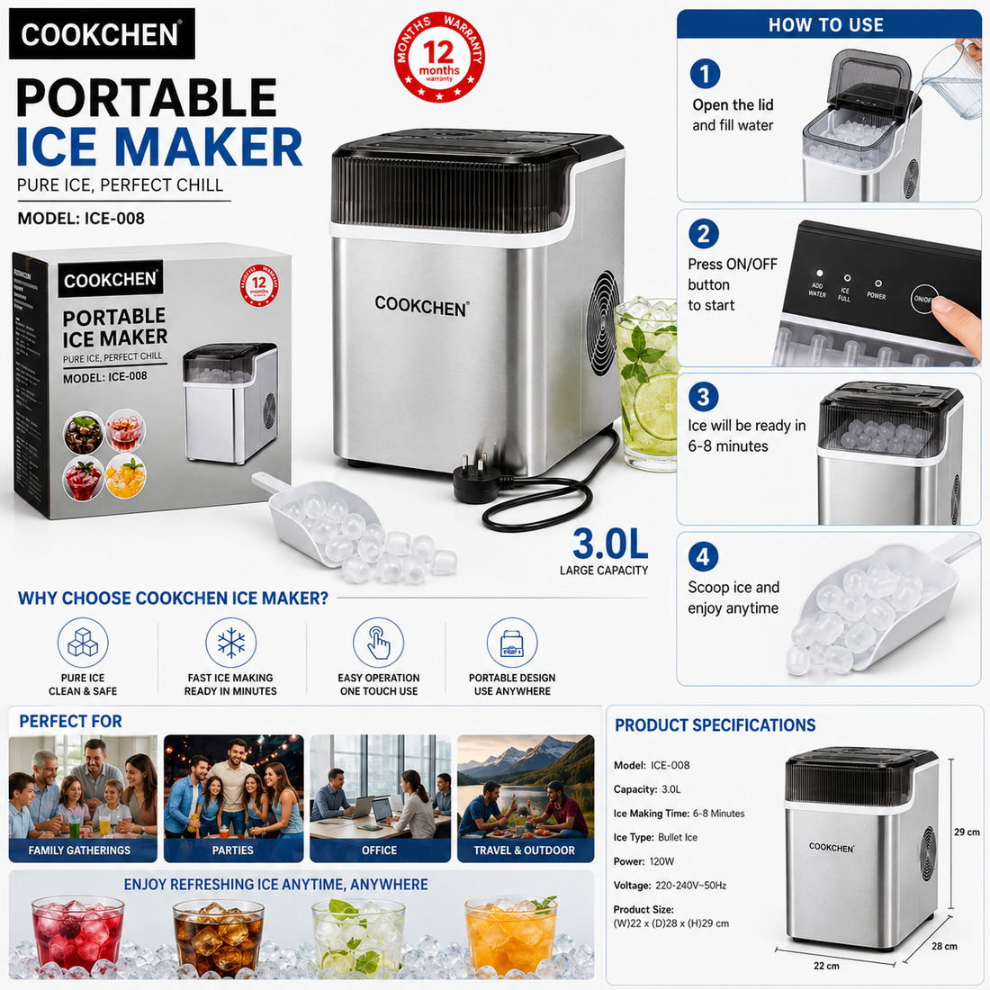 Cookchen Portable Ice Maker Model ICE-008  3.0L Countertop Ice Machine  Makes Ice in Minutes