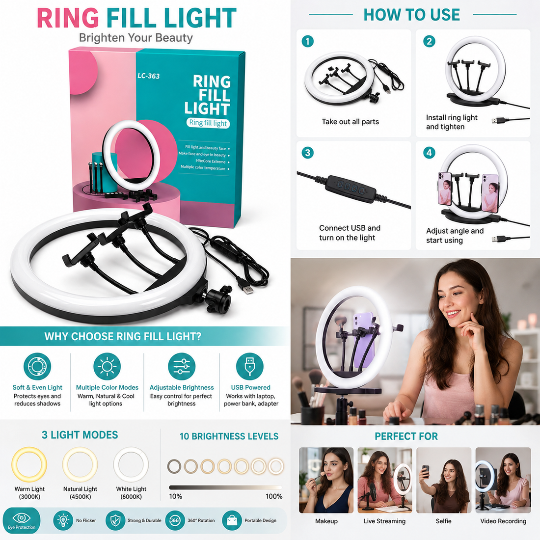LC-363 LED Ring Fill Light Adjustable Multi-Color Temperature Selfie Ring Light with Triple Phone Clips USB Powered