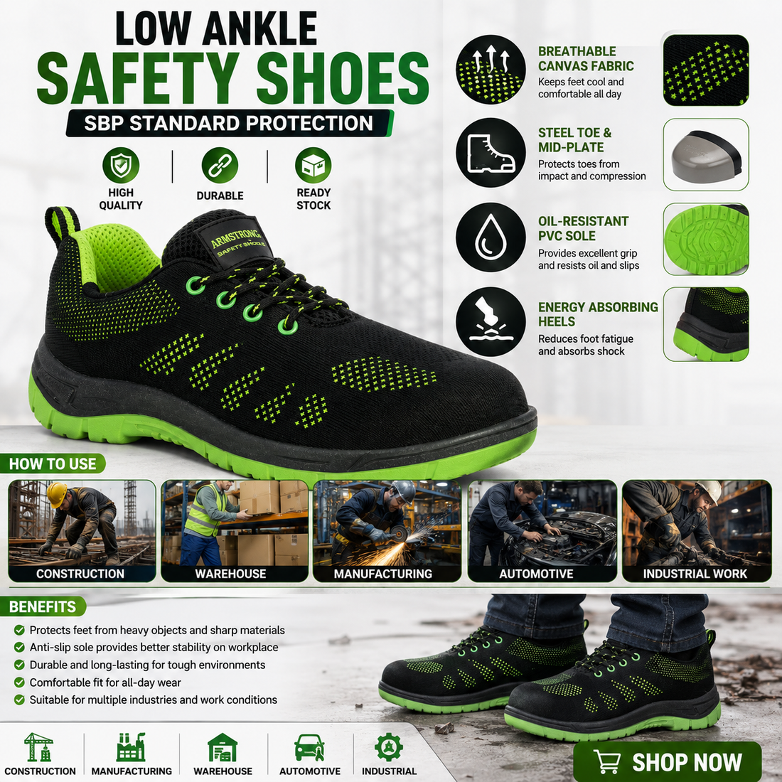 Low Ankle Sports Style Safety Shoes Steel Toe & Mid-Plate, Breathable Canvas, Oil Resistant PVC Sole, Black/Lemon Green
