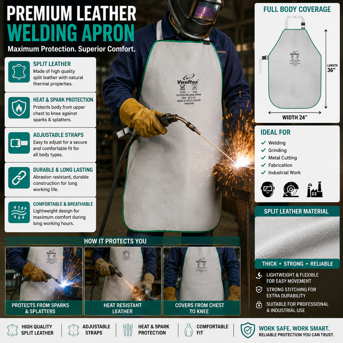 Vaultex VWA Leather Welding Apron | Split Leather Heat & Spark Resistant Apron, Adjustable Straps, 36" x 24"
