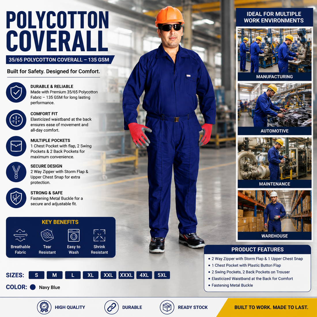 Americantag NAT Polycotton Coverall –35/65 Blend, 135 GSM, Navy Blue Workwear Overall