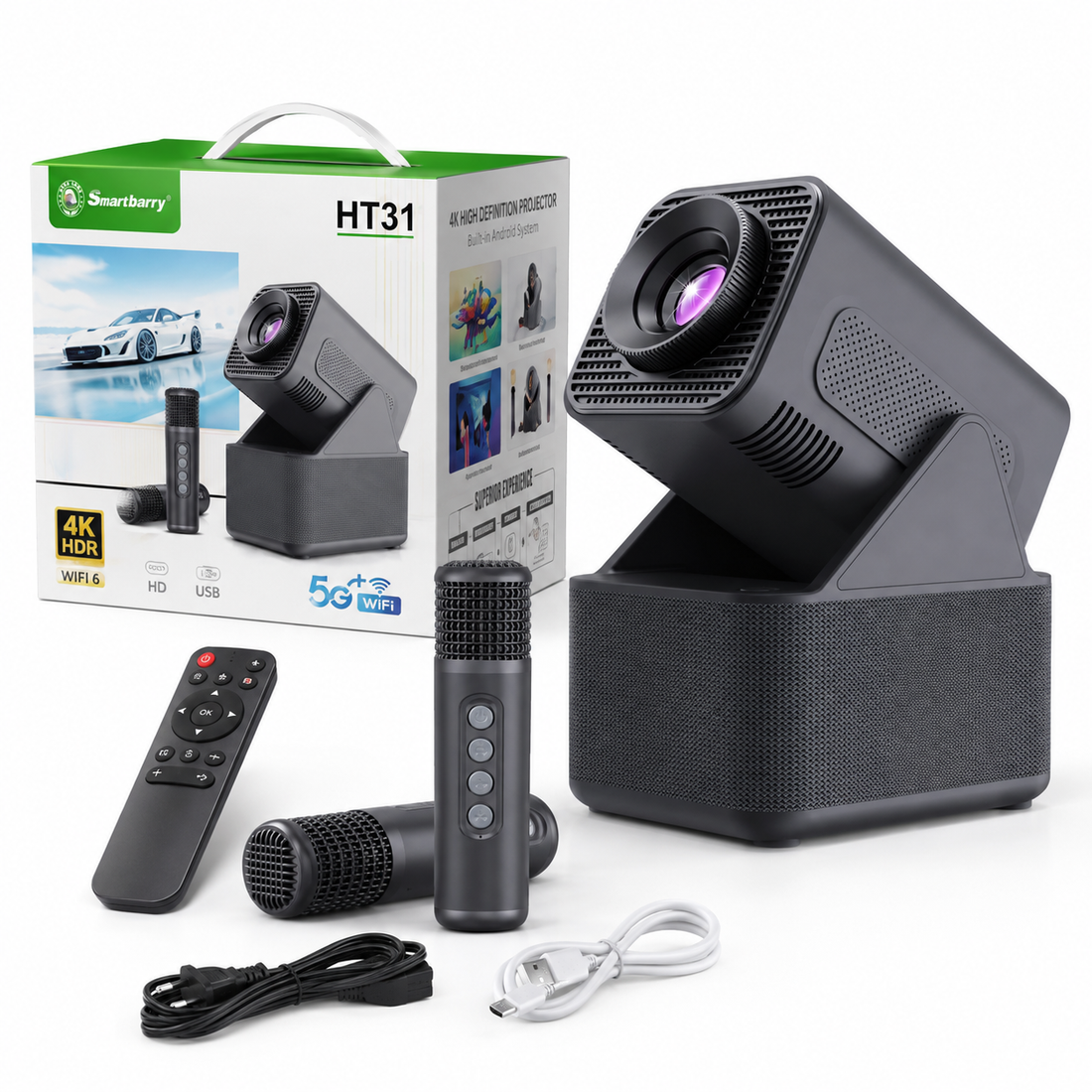 Smartbarry HT31 4K HDR Projector  3-in-1 WiFi Projector with Karaoke Speaker & Dual Microphones 5G Wireless Screen Mirroring
