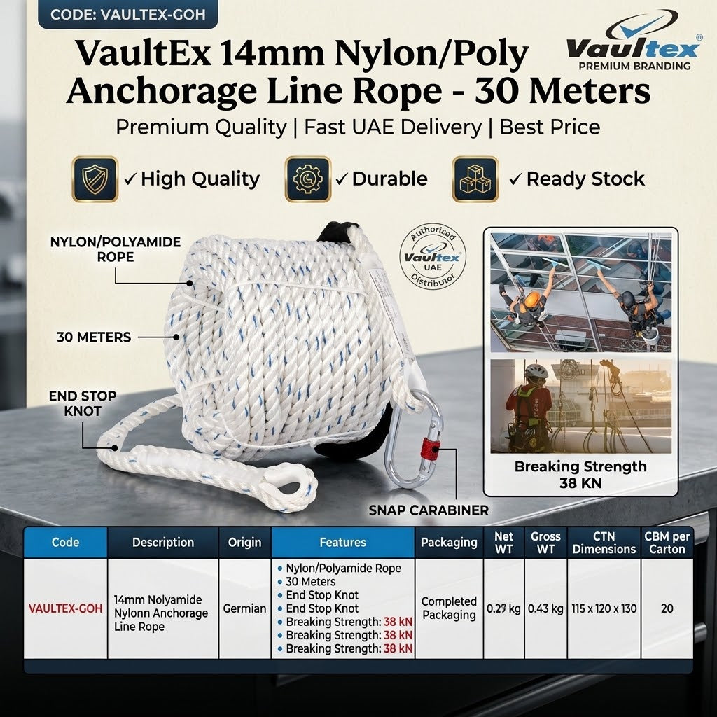 VaultEx 14mm Nylon Anchorage Line Rope – 30 Meters | High-Strength Industrial Safety & Rescue Rope (38 kN Breaking Strength)