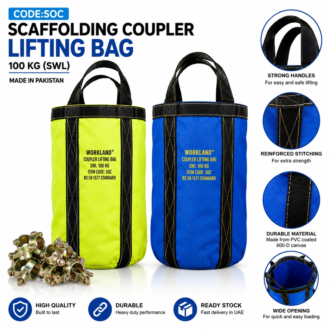 Workland SOC Scaffolding Coupler Lifting Bag | 100kg SWL, PVC Coated 600D Canvas & Polyester, British Standard, 78cm x 36cm